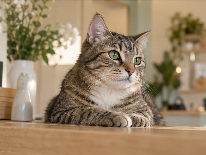 Gato atigrado tranquilo sentado sobre un mesón de madera