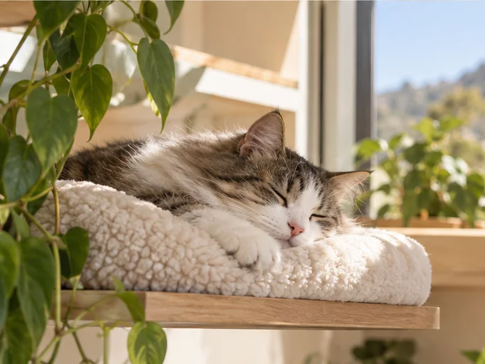 Gato atigrado durmiendo plácidamente sobre una cama de felpa junto a una ventana con plantas