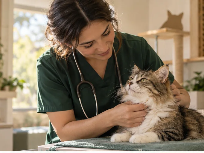 Veterinaria examinando con suavidad a un gato tranquilo sobre la mesa de consulta